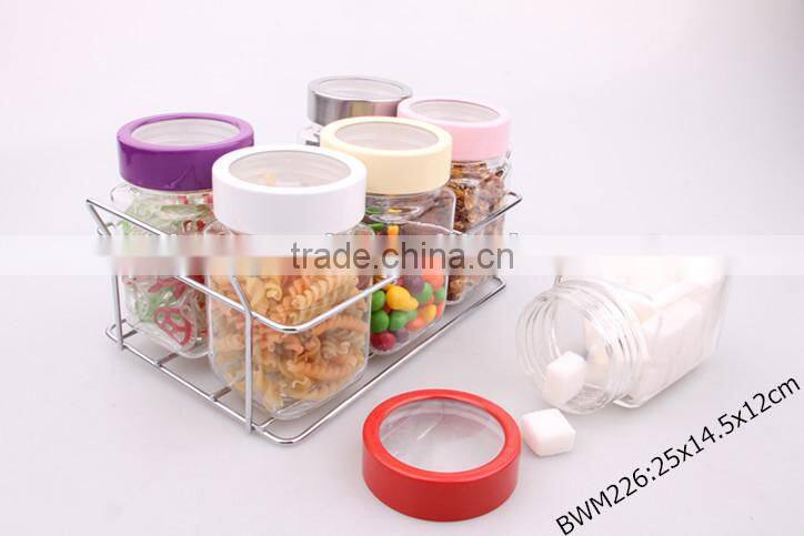 6pcs clear glass spice jar in a metal rack