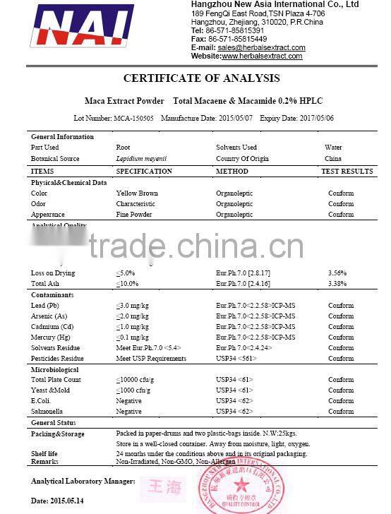 Pure Maca Powder Water Soluble Extract Ratio 4:1,Macamides 10% 40% HPLC