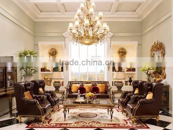 Vintage Wood Carved European Sofa, Hand Painting Wooden Living Room Sofa Set, Button Tufted Chesterfield Genuine Leather Sofa