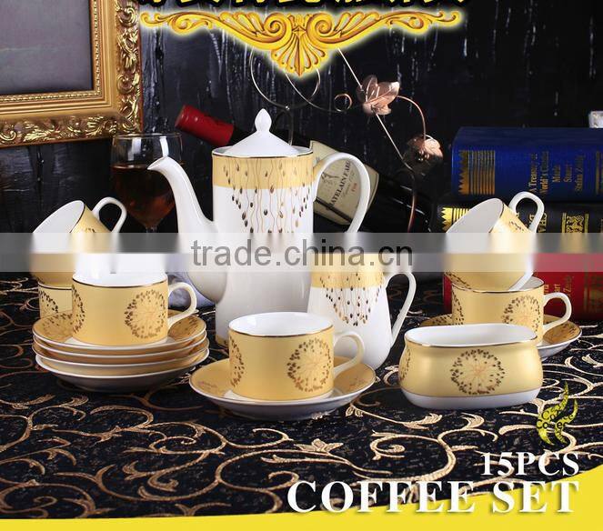Fine china porcelain luxury 15pcs 17pcs coffee tea set arabic coffee cup table set with godeln decal