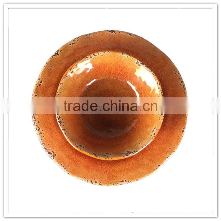 Bulk disposable Chinese style retro yellow red round melamine plate and bowl