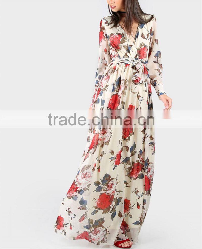 women clothing/women dresses/Rose Print Cuffed Long Sleeve Belted Wrap Dress