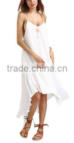 2016 Beach Wear White Spaghetti Strap Tassel Backless Sleeveless V Neck Asymmetrical High Low Midi Dress