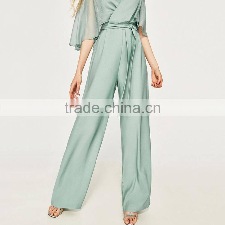 HAODUOYI Light Green Patchwork Women Jumpsuit V-neck Half Sleeve Sashes Elegant Culottes Perspective Lady Jumpsuit for Wholesale