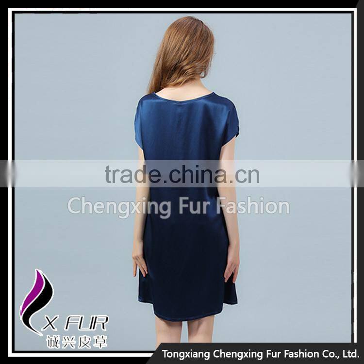 CXVLYQO1 Luxury Women's Pure Silk Skirt Night SNavy Blue Short Sleeve V-neck Pajamas