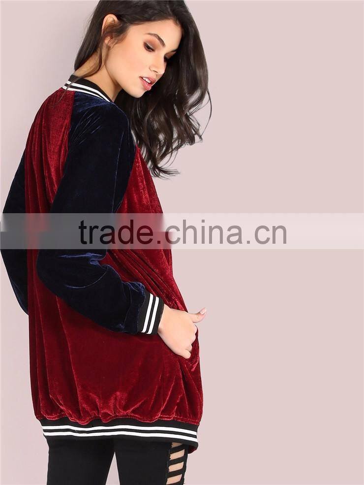MGOO Burgundy Contrast Raglan Sleeve Velvet Longline Button Bomber Jacket With Striped Trim