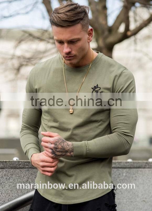2017 Hot New Products Mens Long Sleeve Longline Curved Hem T Shirt Custom Elongated T Shirt Wholesale Fashion Streetwear