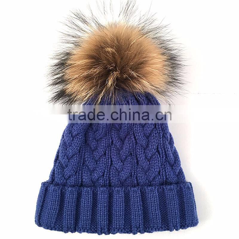 Myfur Raccoon Fur Ball Top Knit Hat for Unisex Adult Beanie Hat Wholesale