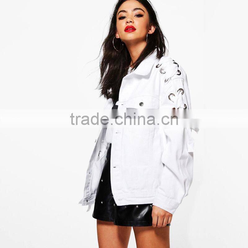 Lace up eyelet white denim jacket new fashion wholesale women street wear
