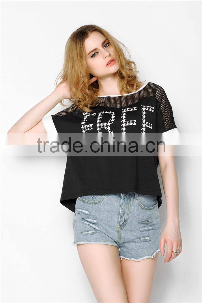latest high fashion summer free pattern printed ladies black foreign t shirts, ladies cotton t shirts, overseas t shirts