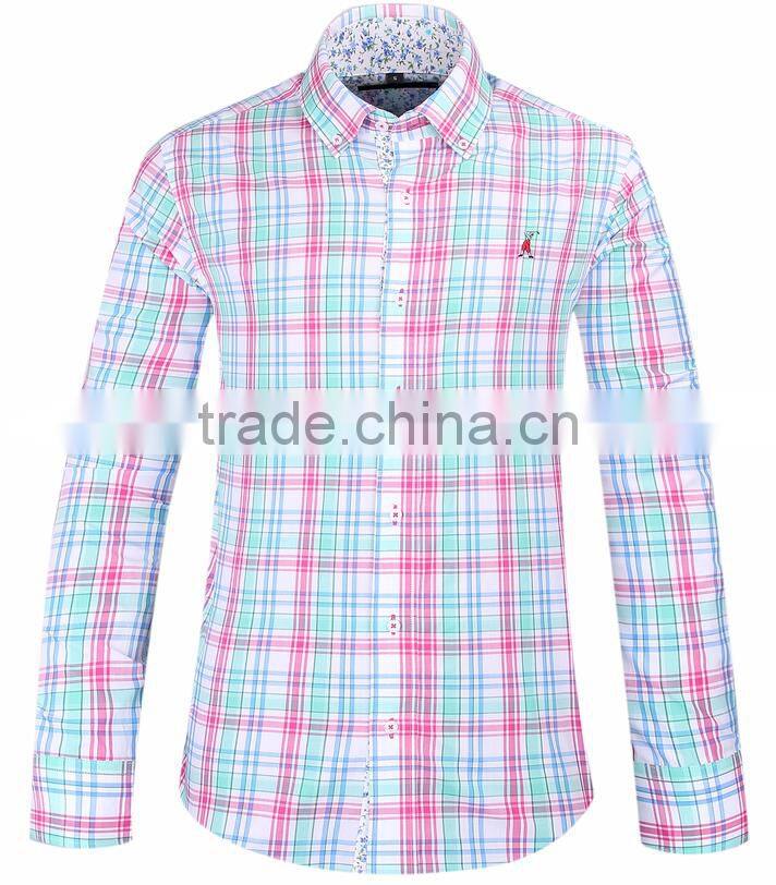 2017 new plaids men's long sleeve button-down slim fit shirt with contrast collar and cuff