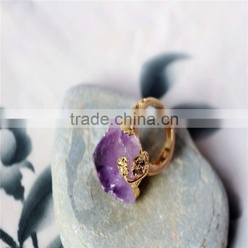 Gold Plated Rose Flower Wrapped Raw Crystal Natural Stone Irregular Pendant Ring