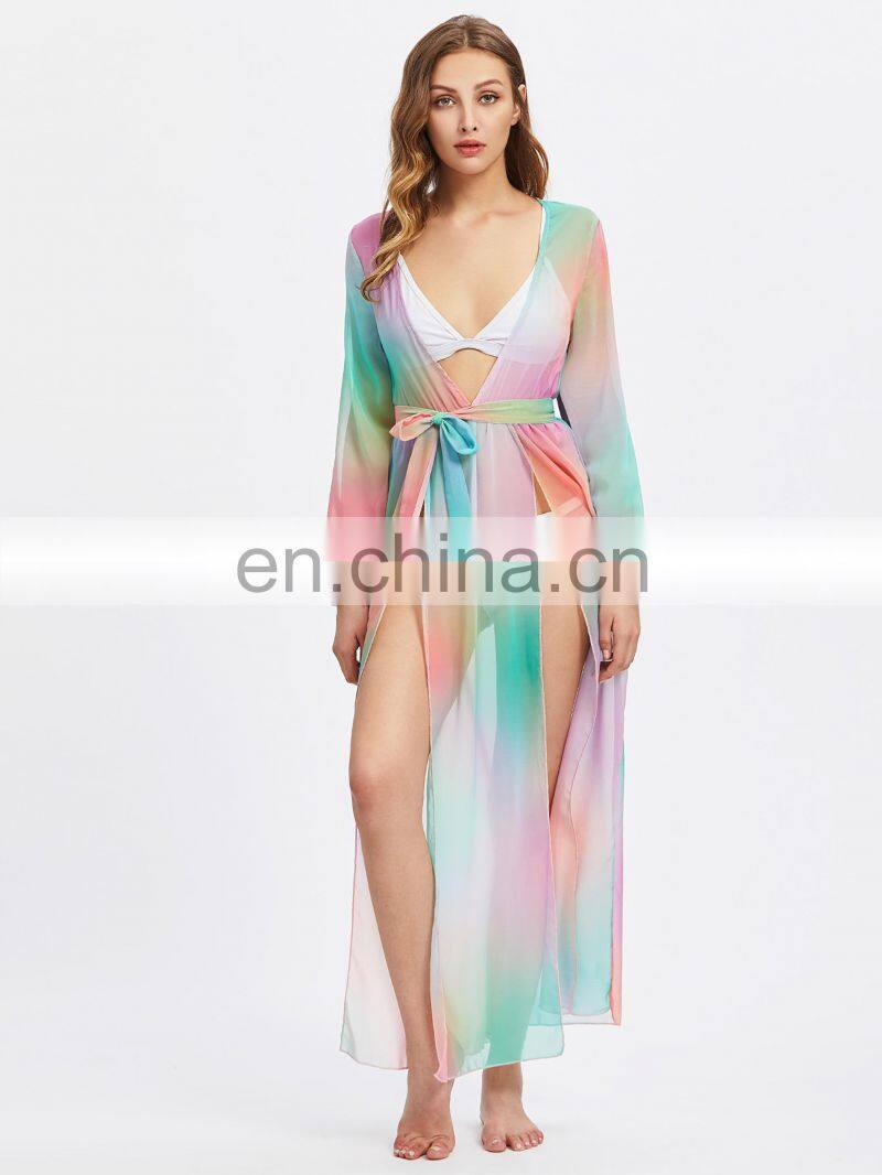 Plunging M-Slit Self Tie Chiffon Bikini Cover Up Beach Dress