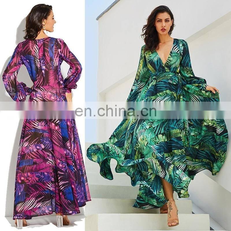 Ladies sexy holiday dress irregular floral print bohemian dress deep V big swing beach dress plus size