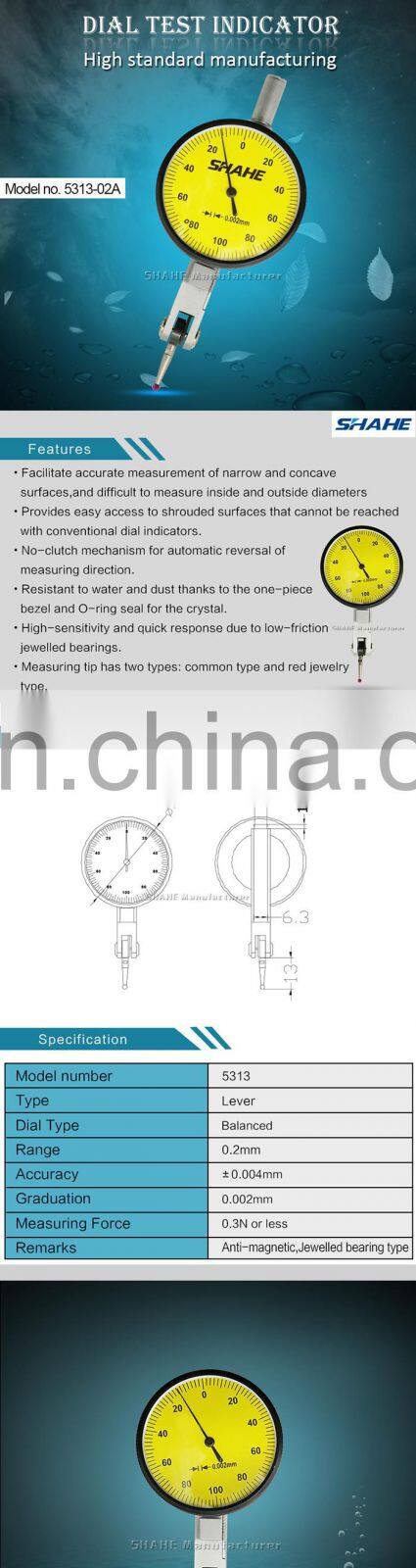 SHAHE 0-0.2mm 0.002 mm Dial test indicator with jewel Dial indicator