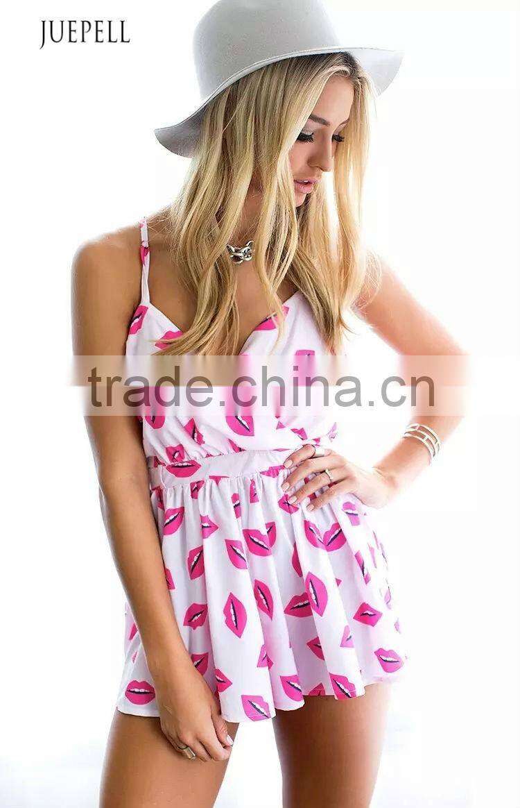 hot selling summer red lips printed condole jumpsuits