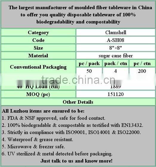 Biodegradable Paper 8 inch Clamshell For Food Made By Bagasse
