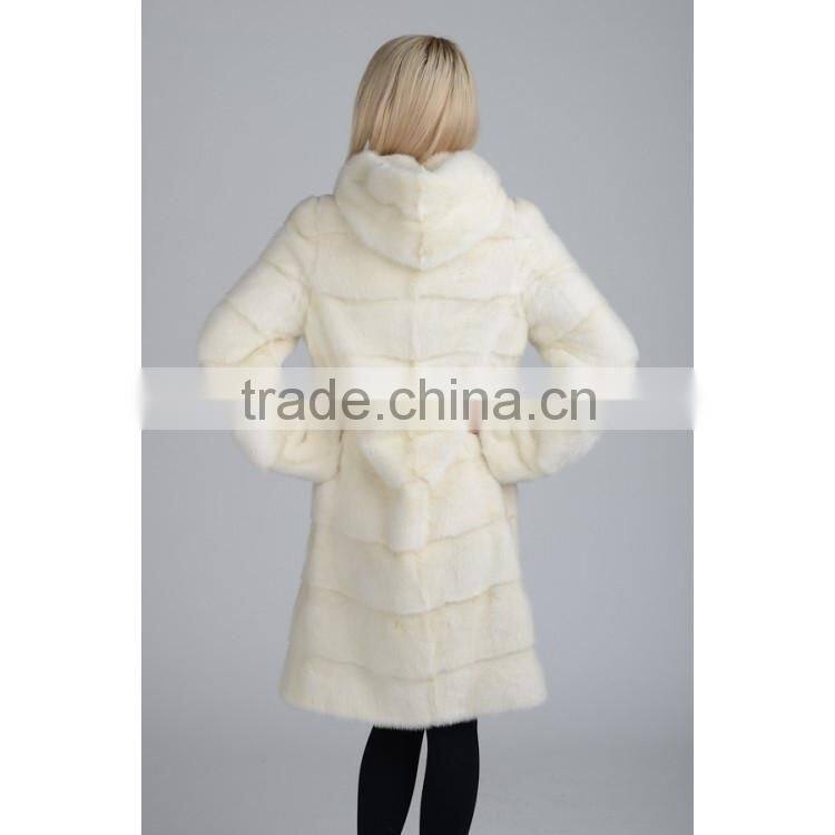 emk1455 100% real white mink fur coat with hood