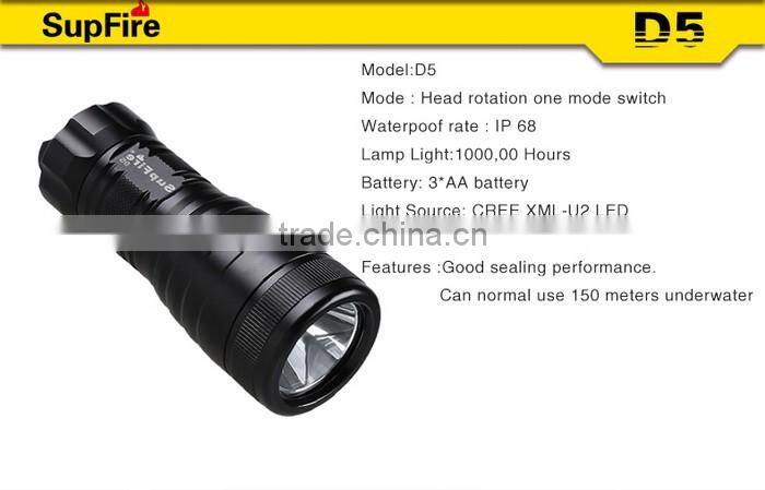 SupFire D5 professional diving torch light, XML U2 LED diving flashlight 1000lumen, use 3*AA batteries