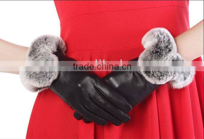 2016 New Style Women superior leather fashion Gloves with rubbit fur