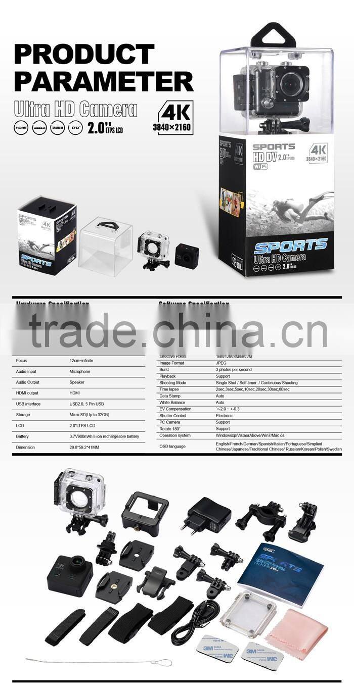 New arrival mini Full HD 4K/2K/1080P/720P/ WVGA go pro waterproof action camera with 170deg wide angle view ,2.0 large LCD