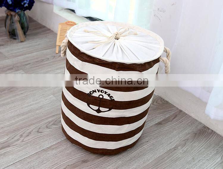 2015 new Zakka stripe The beam port Linen Multi-function Handle Stackable storage barrel Laundry basket Toy Storage box