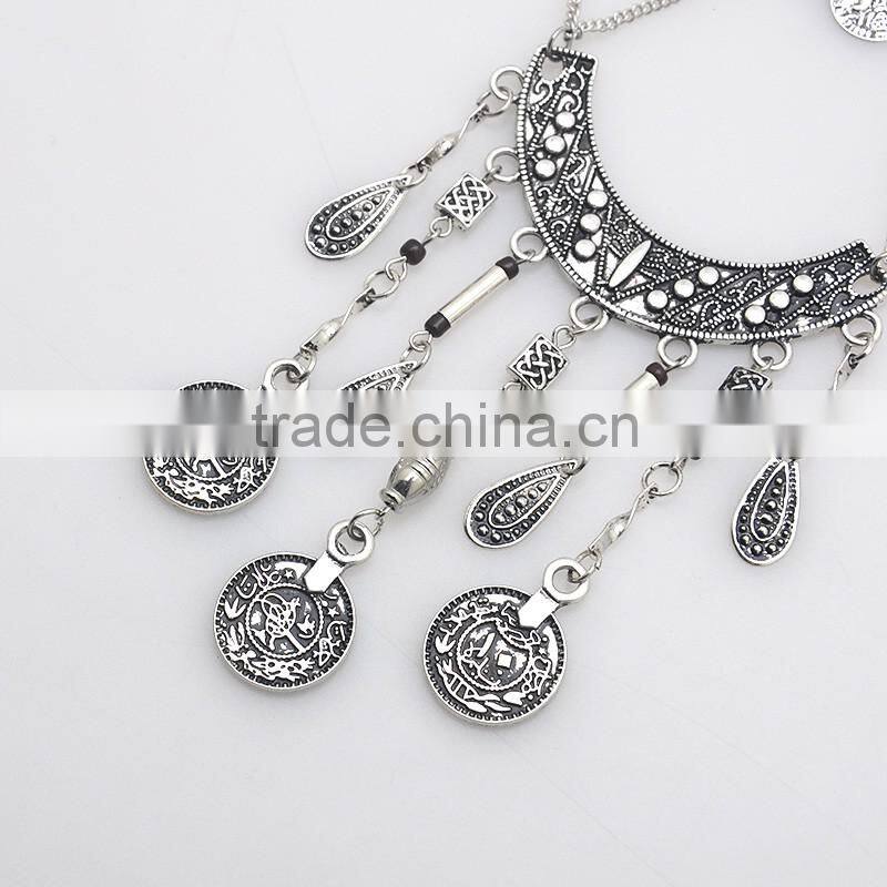 Hot sale classical ethnic style statement long two layers necklace pendant earrings brassiness jewelry set