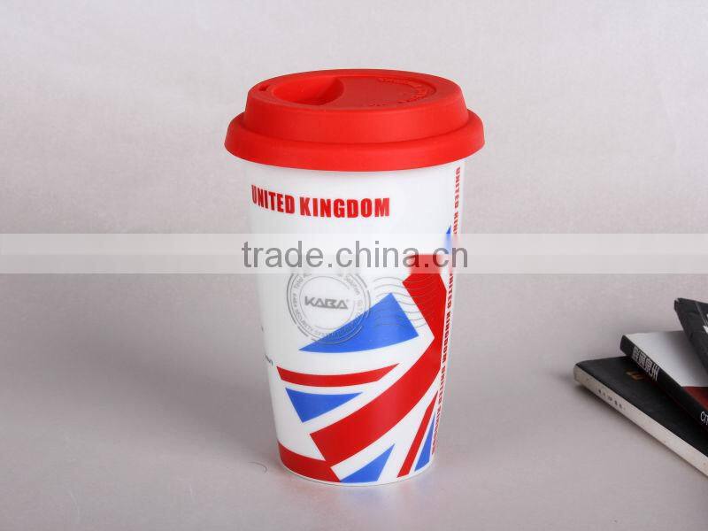 Flag ceramic coffee cup with food grade silicone lid high quality but low price wholesale