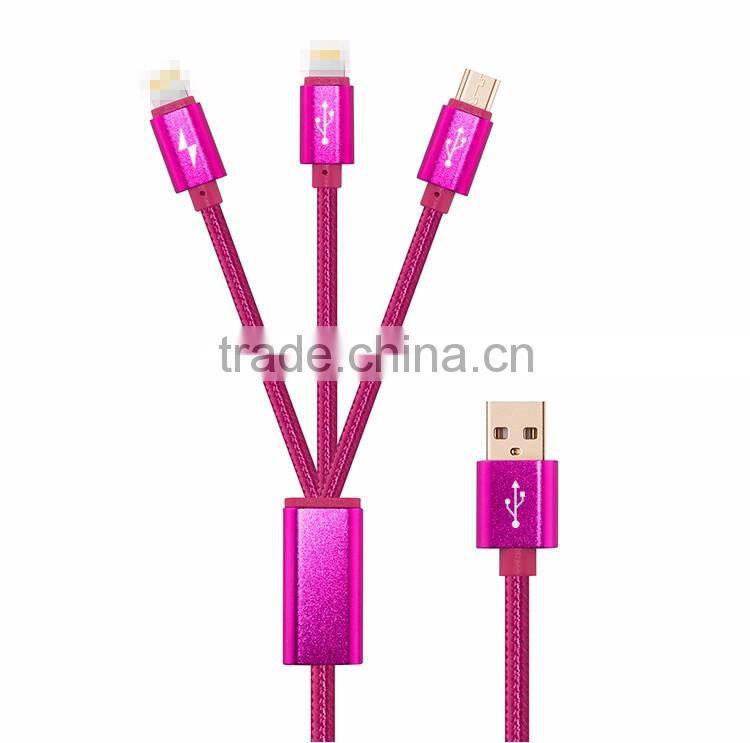 Highend 3 in 1 Mobile Phone cable 100cm micro usb Aluminum Alloy for Android& Iphone 5 cables Nylon Weave charging USB Line