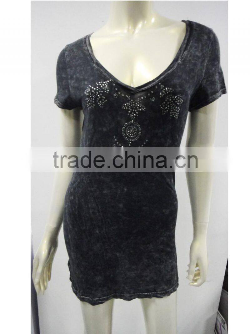 back pieced stone washed long T-shirt