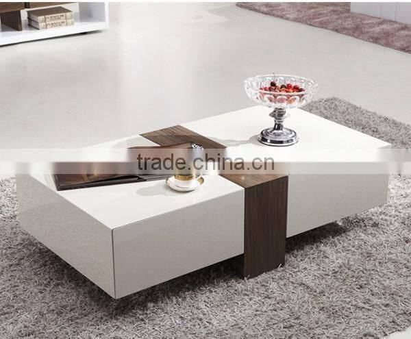 White high gloss and walnut veneer coffee table with two drawers