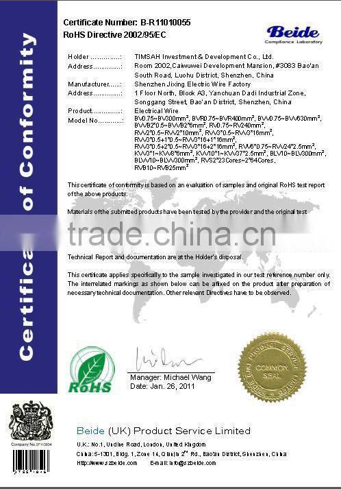 high quality 1.5 sqmm LSZH insulated pure Copper wire with Rohs ,CE certificates