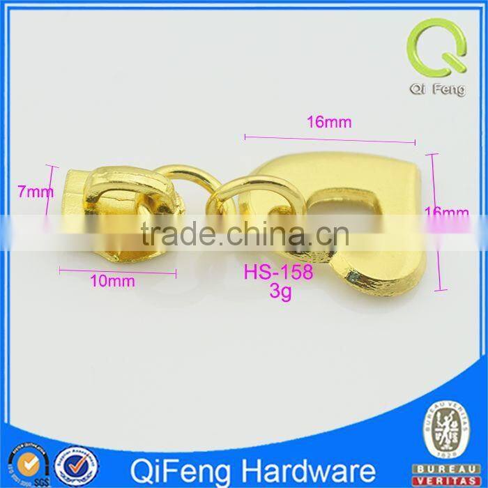 HS-158 gold brass zipper custom metal zipper puller gold heart shape parts