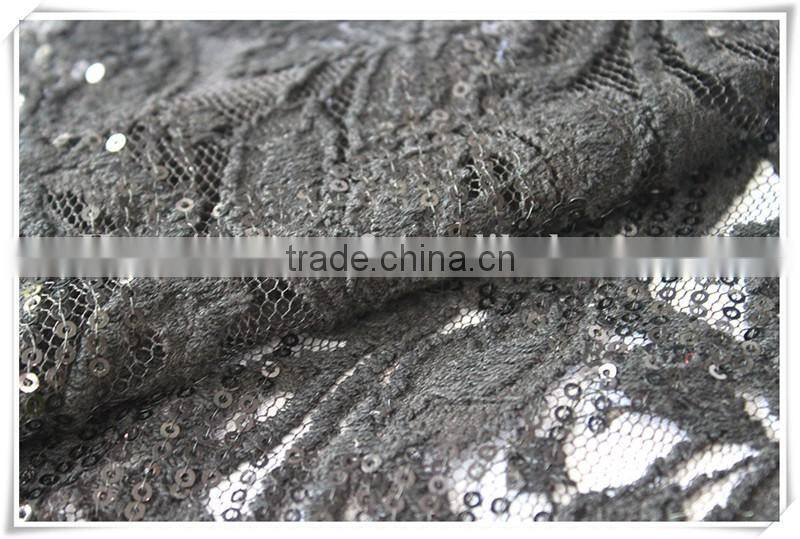 Latest design thin net embroidered sequin fabric, black flower embroidery sequin fabric textile for dress