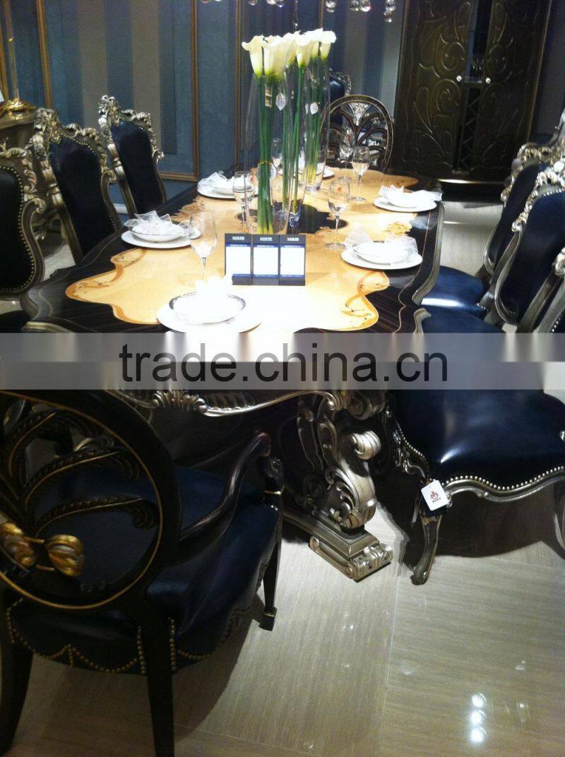 Royal Luxurious French Baroque Wood Carving Round Dining Table with Floral Marquetry Inlay Table Top BF12-03284c