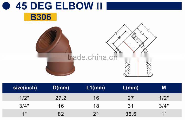 TY High quality PP threaded pipes&fittings 45 DEGELBOW B eco-friendly Cheap Price Full Size factory price list discount