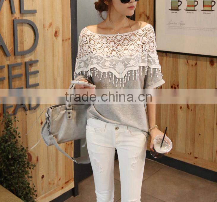 Plus Size 2015 Summer Casual Blusas Women Fashion Clothing Black Gray Girls Lace Blouses Dress Woman Roupas Shirts