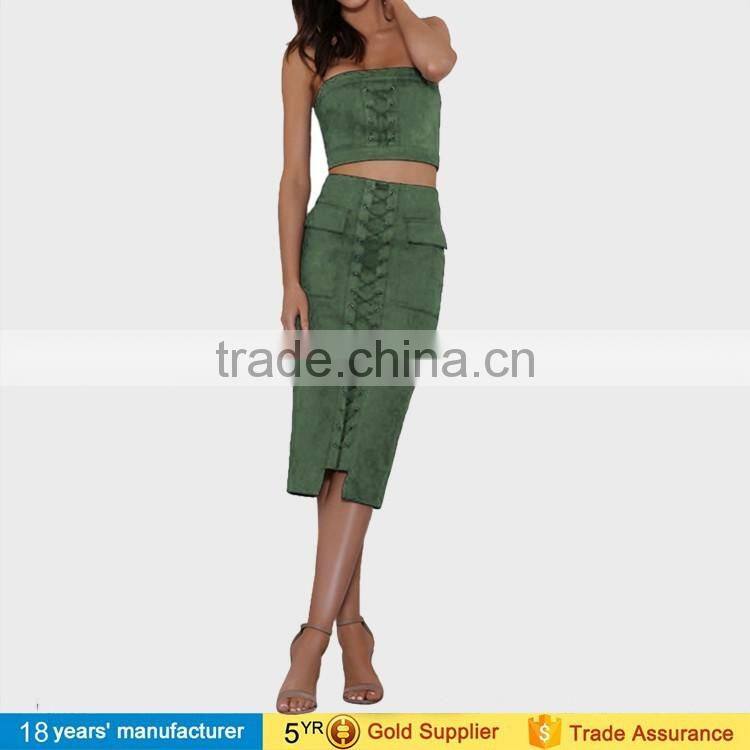 2017 fashion women lace up suede two piece skirts and crop top set bodycon dresses pictures of long skirts and tops
