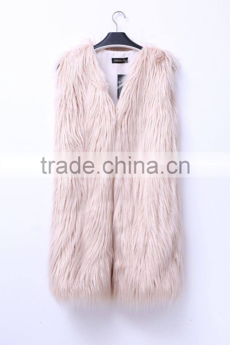 Europe style 2016 new fashion design pure color lady long faux fur vest