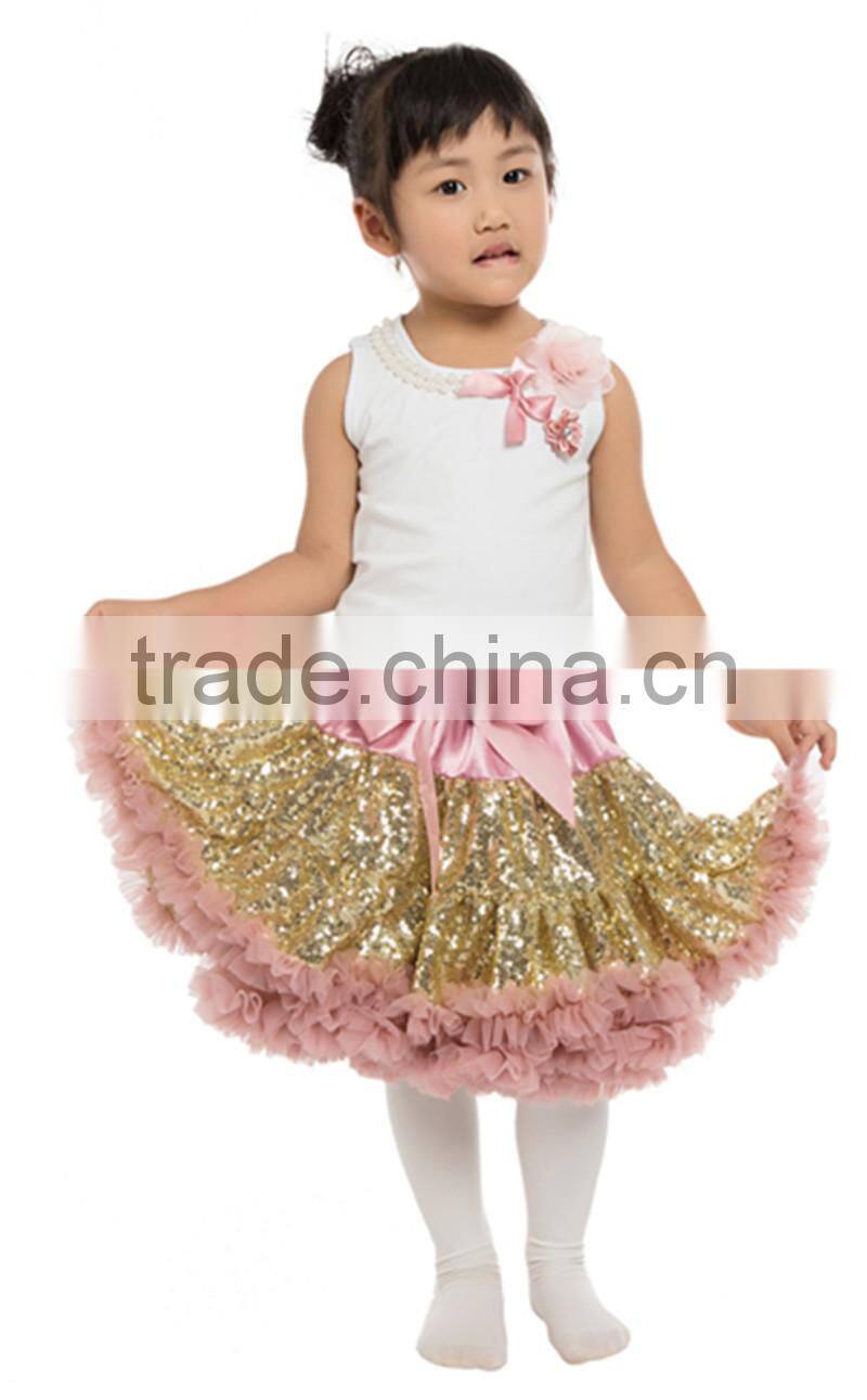 long sleeve flower sequin fluffy pettiskirt for girls- embroidered costume with belt-- stage wear