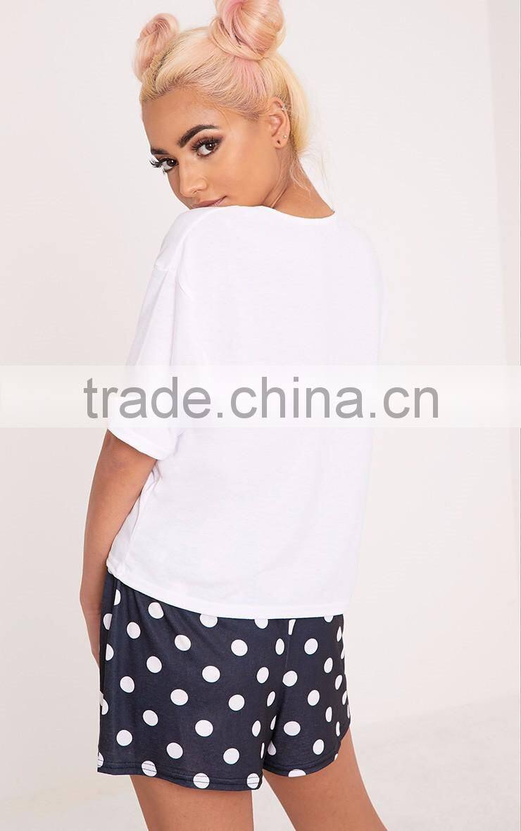 Custom Logo Print Loose Top Short Sleeve With Dots Shorts Causal Pajama Set Ladies Pyjama Set