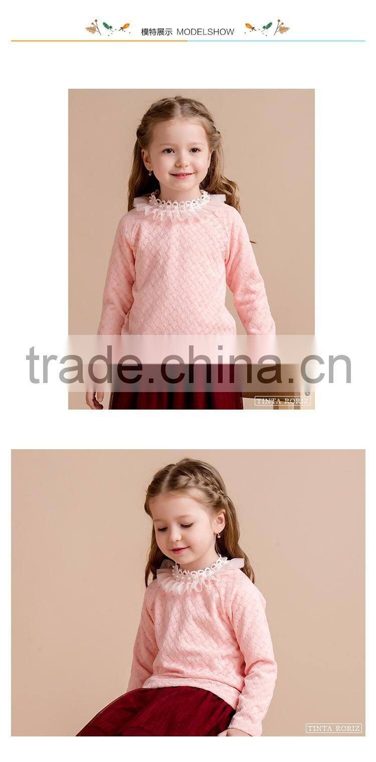 Winter Girls Knitted t Shirt Decorated With Lace And Pearl Around Neck Kids Long Sleeve Clothes
