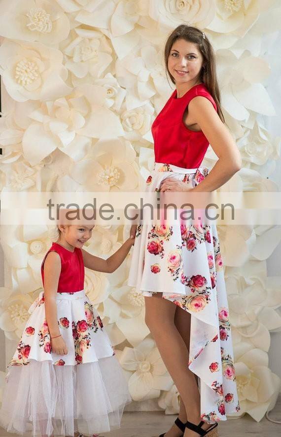Red Floral Print Mother And Daughter Family Look Maxi Size Baby Tutu Dress Long Dress