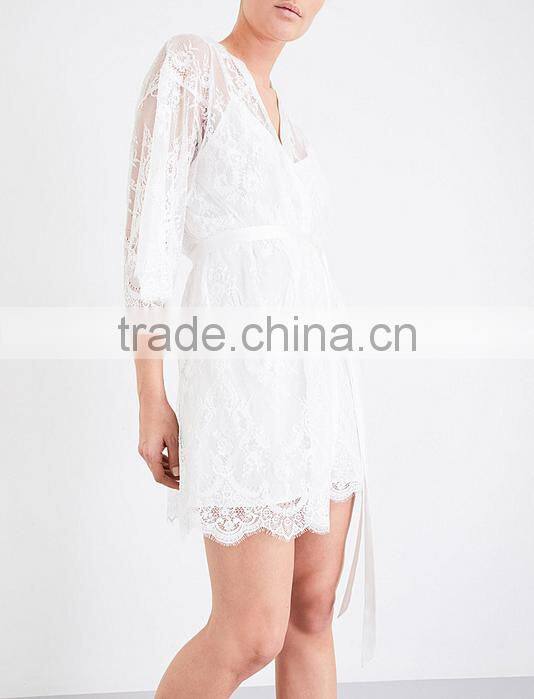 2017 new arrival ladies luxury silk satin robe, sheer floral-lace kimono robe