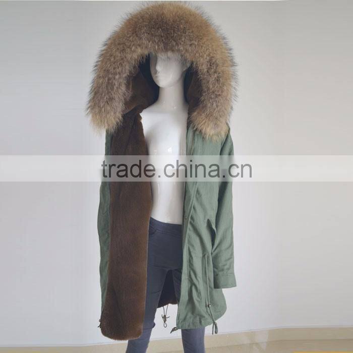 Myfur Long Parka with Detachable Raccoon Fur Hood Navy Fur Trimmed