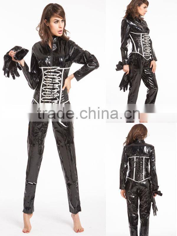 2016 Instyles Gothic Wetlook Catsuit Body Suit Black Faux Leather Zipper Jumpsuits Catwoman