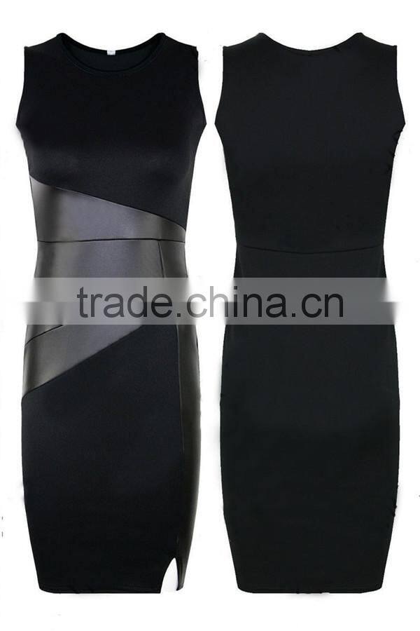 2017 women sexy round-collar panelled stitching leather high-waisted casual dress party dresses