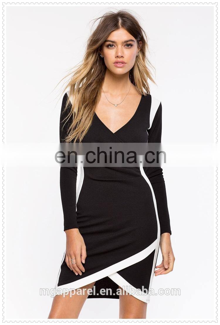 china supplier fashion long sleeves women sexy black bodycon wrap dress