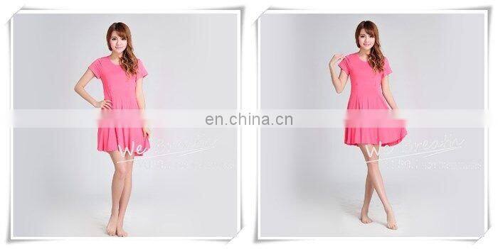 Summer Dress Bamboo Fiber Rayon Pleated O Neck Short Sleeves