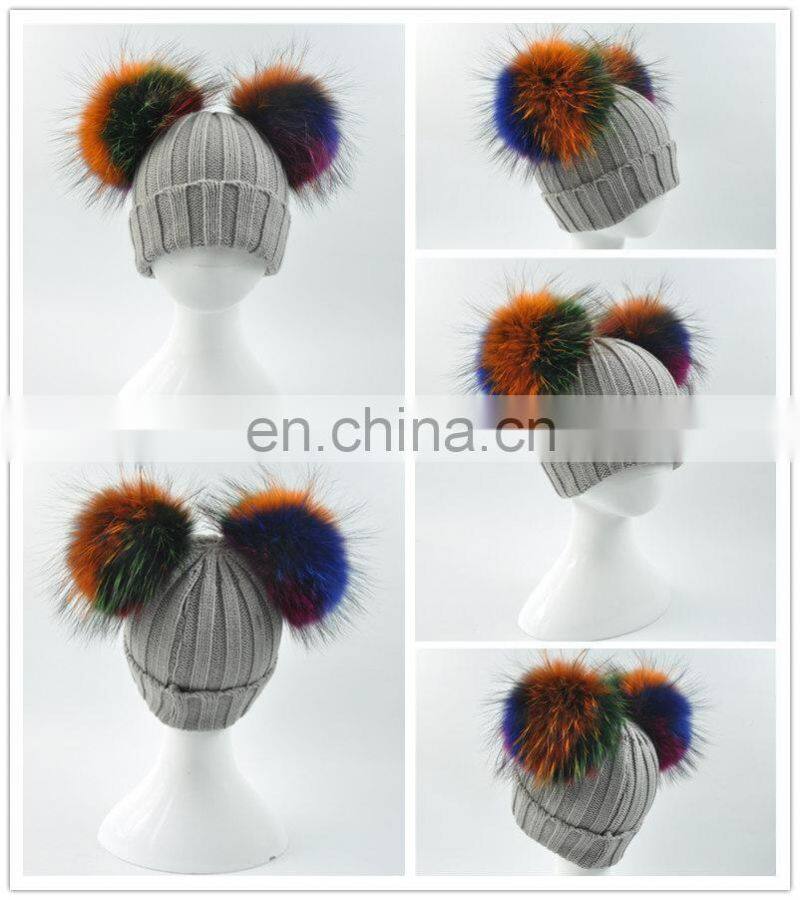 Wholesale Custom Colorful Double Poms Hat Winter Newest Cute Kids Hats Knitting Beanie Hat Kids